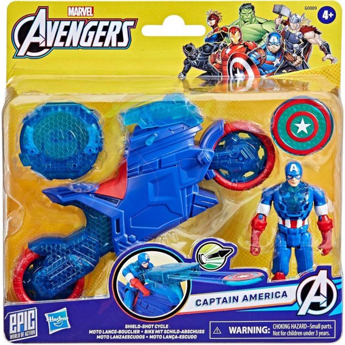 HASBRO Marvel Avengers - Capitán América con Moto Lanzaescudos - Figura de 10cm con Proyectil