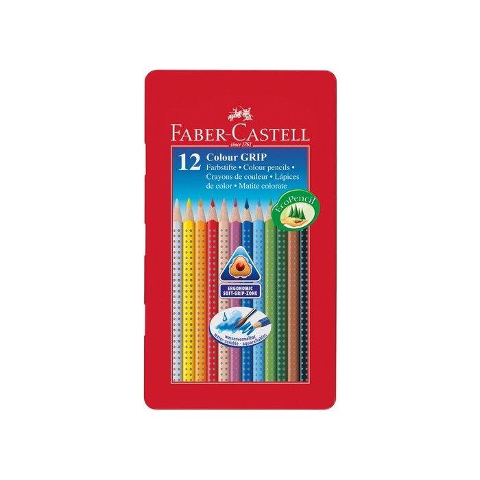 Faber Castell Lápices de colores acuarelables Colour Grip triangular, caja metálica 12 colores, mina SV anti-rotura, ergonómico