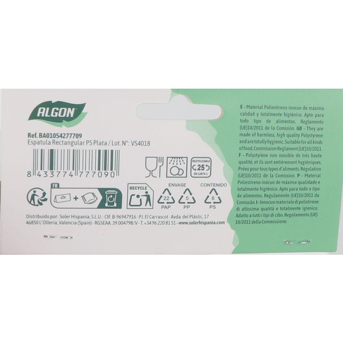 Algon Espátula Rectangular Ps Plata 24.5 cm Largo x 7.5 cm Ancho x 4 cm Alto (24 Unidades)