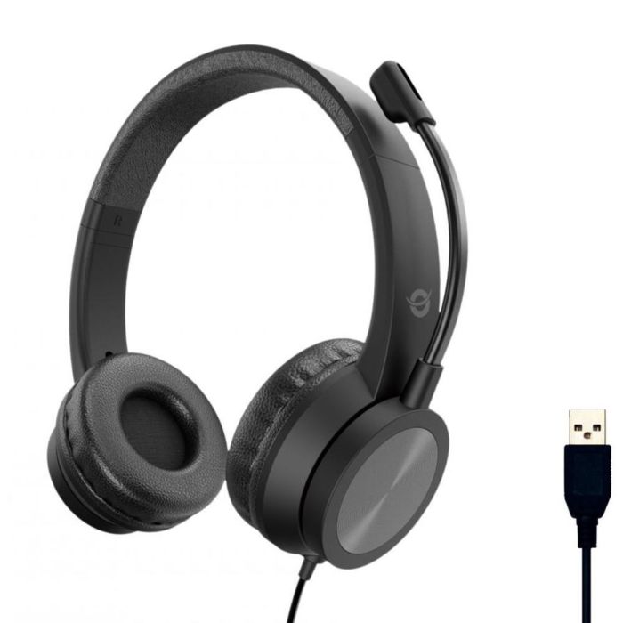 Conceptronic POLONA05B Auriculares USB Estéreo con Micrófono Flexible y Control de Volumen Integrado, Negros