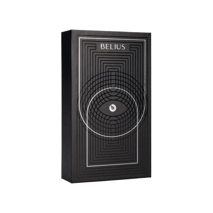 Belius Turbo Roller y estuche aluminio textura punteada negro plateado tinta negro caja de diseño 2