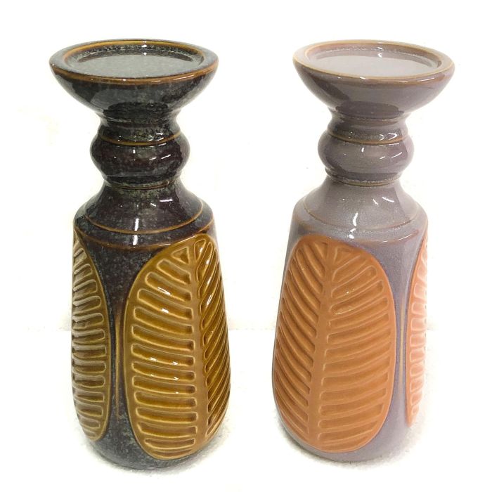 DKD Home Decor Portavela de Gres Colección Asgard Ambiente Alpino, diseño Hoja, Marrón Naranja, 11x11x28 cm (Pack 4 Unidades)