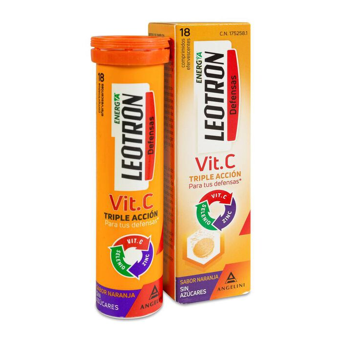 Leotron Vitamina C - 18 Comprimidos Efervescentes - Triple Acción Para Tus Defensas - Complemento Alimenticio Con Vitamina C, Zinc Y Selenio - Agradable Sabor A Naranja. Envase Para 18 Días, A Partir De 12 Años.