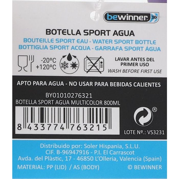 Bewinner Botella Sport Agua Multicolor 800Ml con Dimensiones 9.3cm Ancho x 21.1cm Alto x 11.5cm Largo 8