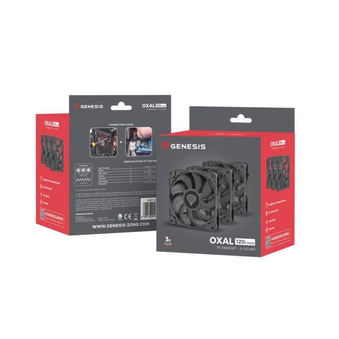 GENESIS Oxal 120 Ventilador Carcasa PC Gaming 120mm Negro - Pack 3, 1300 RPM, Bajo Ruido (22.1dB), Alta Presión Estática (1.05mmH2O), 50000h 2