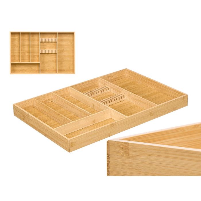 Kinvara Portacubiertos 6 Huecos Madera MDF Bambú Color Natural 58x5x38cm (Set de 4)