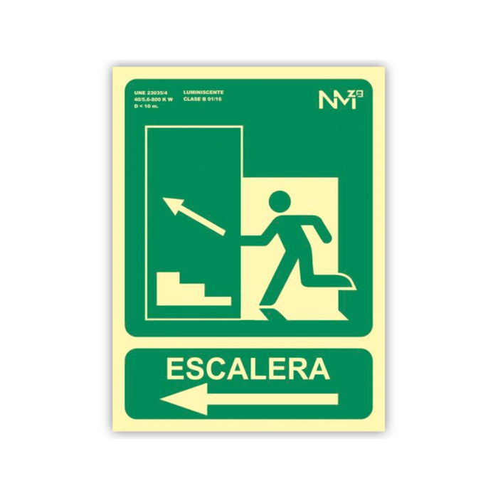 Archivo 2000 Pictograma Señal Salida Emergencia Escalera Sube Izquierda PVC Verde Luminiscente 224x300 mm 1