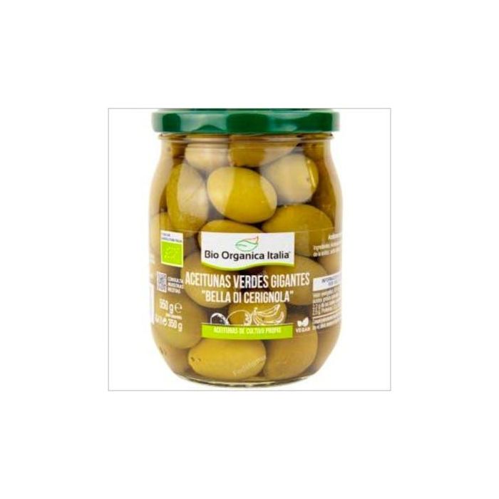 BIO ORGANICA ITALIA Aceituna Verde Gigante Orgánica 550g. Cosecha a mano, producto pulposo, receta antigua Apulia.