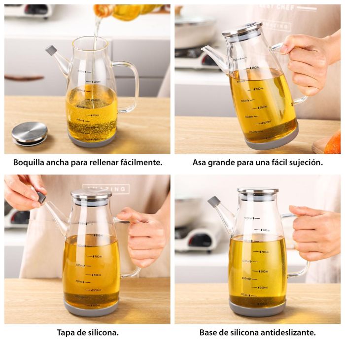 Aceitera de vidrio borosilicato 1000 ml con tapón de acero inoxidable - La Mediterranea (12 Unidades) 9 Aceitera de vidrio borosilicato 1000 ml con tapón de acero inoxidable - La Mediterranea (12 Unidades) 9