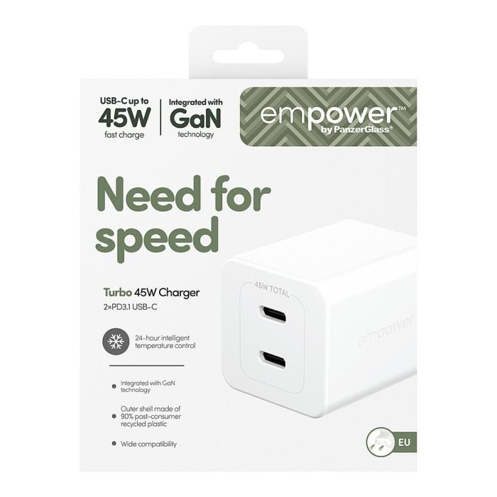 PanzerGlass empower GaN Turbo Charge Cargador Rápido 45W con 2 Puertos USB-C, Enchufe UE, Color Blanco Plata 2