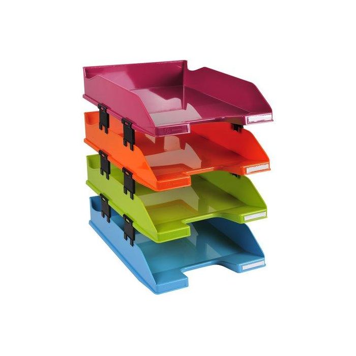 Exacompta Bandejas Sobremesa Plástico Arlequín DIN A4+, Set de 4 Unidades Colores Surtidos, Apilables 346x254x243 mm