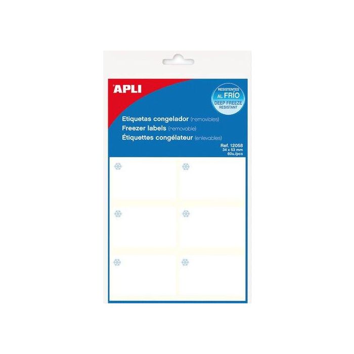 Apli Etiquetas Adhesivas Para Congelador 34x53 mm, Resistente a -40°C, 10 Hojas (60 Etiquetas), Blanco