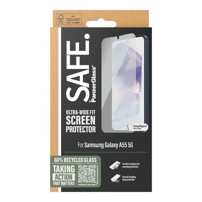 PanzerGlass SAFE. by Protector de Pantalla para Samsung Galaxy A55 5G, Ultra-Wide Fit, Transparente