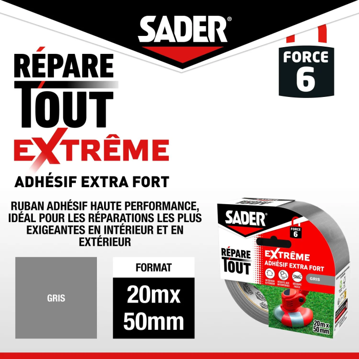Sader Adhesivo Extrafuerte AAAVH55019 para Reparación Multiusos Extremo, 20 m x 50 mm, Gris, Interior y Exterior para Todo Tipo de Superficies, Fácil de Cortar