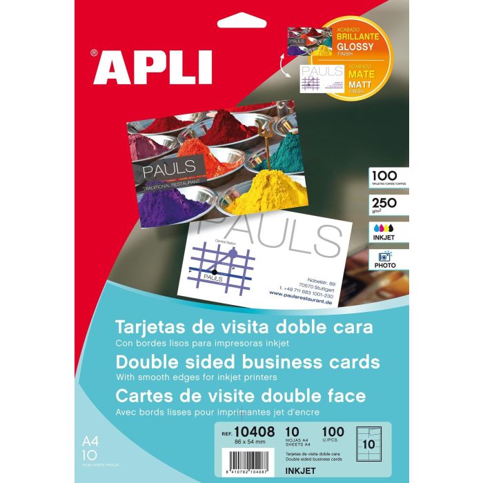 Apli Tarjetas Visita Doble Cara Blanco Para Inkjet, Láser Y Fotocopiadoras - 210 X 297 mm - Microperforado 250 gr 10 Hojas