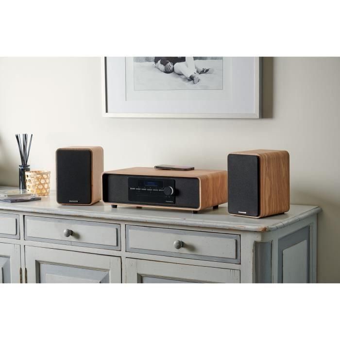 Microsistema Bluetooth - THOMSON - Madera/Negro - Radio FM/DAB+/CD/MP3/USB/Inducción, 75W, Pantalla LCD, Mando a distancia, Fuente de alimentación. 230V 5