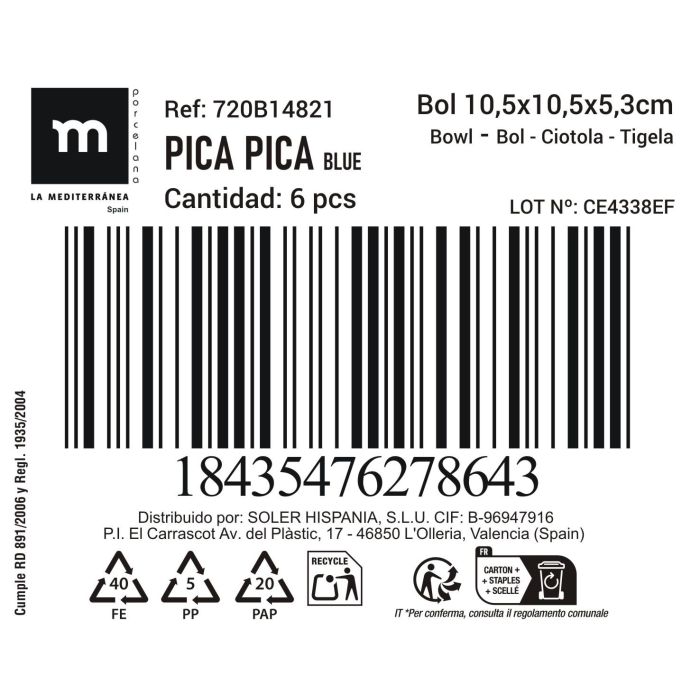 La Mediterranea Bol Aperitivo Cuadrado Pica-Pica Blue 10.4 x 5.3 cm (24 Unidades)