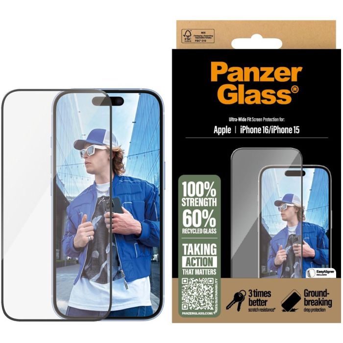 PanzerGlass iPhone 16/15 UWF Protector de Pantalla de Vidrio Templado Transparente Resistente a Golpes y Rayones para Apple iPhone 16 y 15 1