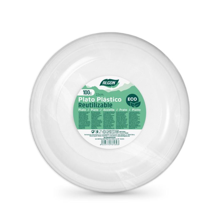 Algon Platos Redondos de Plástico Ecológicos Desechables - Set de 100 unidades - 22 cm (6 Unidades) 1
