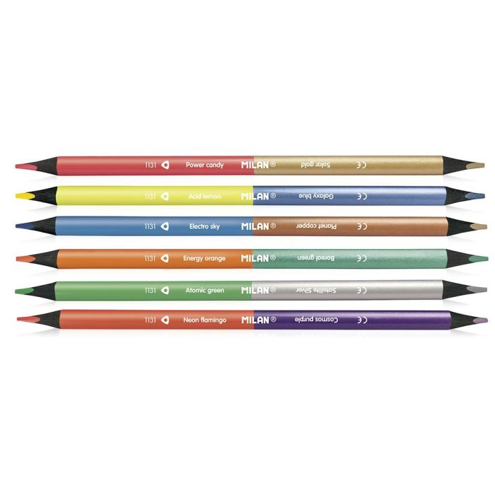 Milán Lápices Bicolor Triangulares Madera Negra, 6 Unidades, 12 Colores Fluo + Metalizados, Mina Ø2.9mm Resistente LPS 1