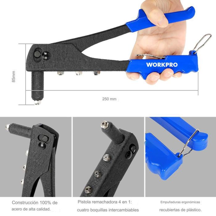 Workpro Remachadora de mano 250mm, acero, mordazas cromo molibdeno, expulsión automática, azul 7 Workpro Remachadora de mano 250mm, acero, mordazas cromo molibdeno, expulsión automática, azul 7