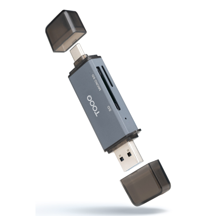 TooQ TQR-3001G Lector de Tarjetas Externo USB 3.0 y USB Tipo-C para SD/TF, Gris, Compatible con Windows y Mac