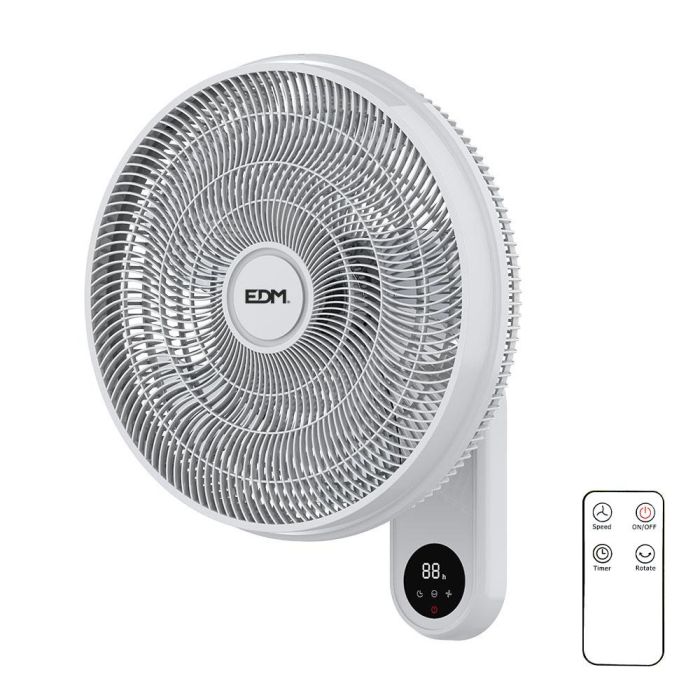 Edm Ventilador de Pared con Mando a Distancia, Blanco, 55W, Ø40cm, 3 Velocidades, Oscilante, Pantalla LED Edm Ventilador de Pared con Mando a Distancia, Blanco, 55W, Ø40cm, 3 Velocidades, Oscilante, Pantalla LED