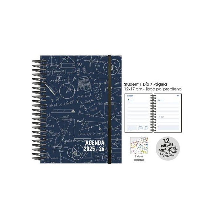 Agenda Escolar (2025-26) Senfort Student Decorada Espiral Tapa Pp Con Goma 120X170 D/P Maths Azul