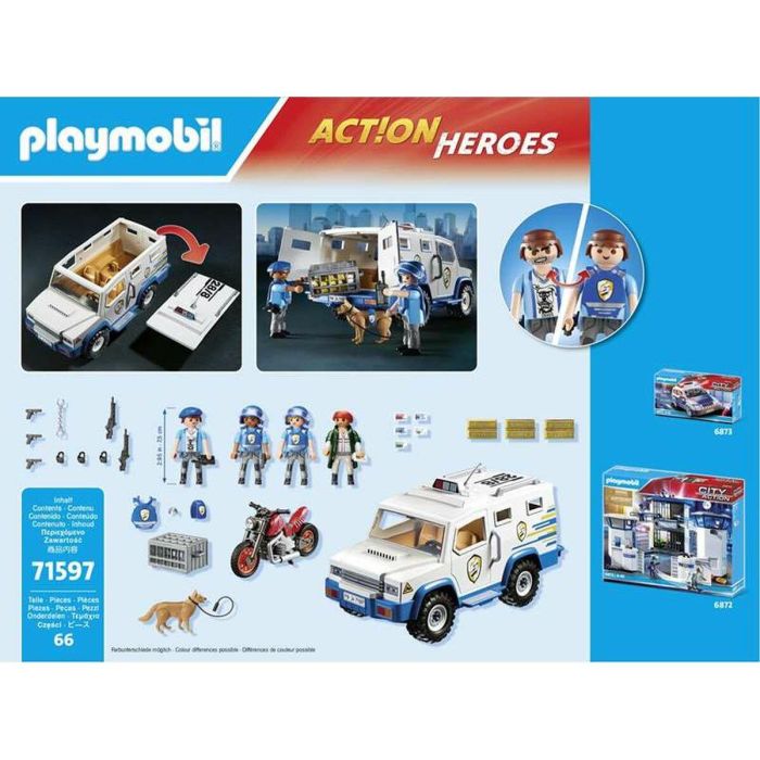 Playmobil Furgoneta Transporte de Dinero Set de Juego con 3 Policías, Ladrón, Perro, Moto y Lingotes de Oro - Edad 4+ años 2