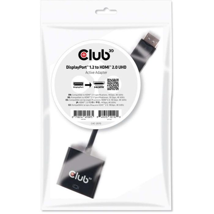 Club3D Adaptador DisplayPort 1.2 a HDMI 2.0 Activo 4K 60Hz - Conector St/Bu - Negro - 0.21m para PC/Mac 1 Club3D Adaptador DisplayPort 1.2 a HDMI 2.0 Activo 4K 60Hz - Conector St/Bu - Negro - 0.21m para PC/Mac 1