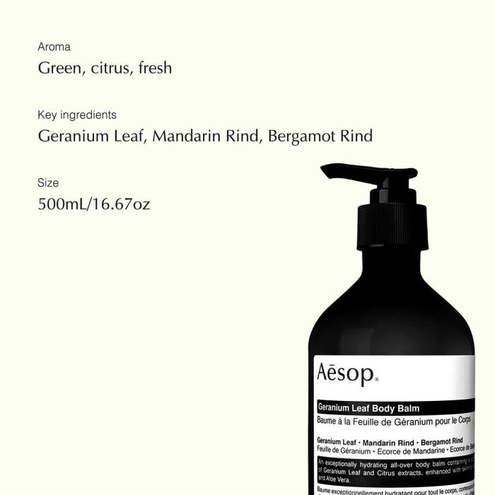 AESOP GERANIUM LEAF body balm 500 ml para hidratación profunda con aceites nutritivos y extractos cítricos para una piel radiante 4 AESOP GERANIUM LEAF body balm 500 ml para hidratación profunda con aceites nutritivos y extractos cítricos para una piel radiante 4