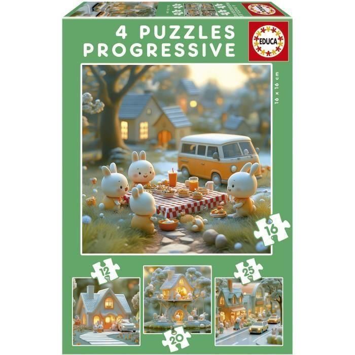 Educa Puzzle Set 4 en 1 Ciudad de Conejitos con 12, 16, 20 y 25 piezas de cartón. Juego de mesa infantil para niños +3 años
