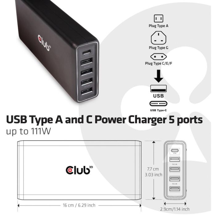 Club3D Schnellladegerät 1xUSB Typ C. 4xUSB Typ A. PD 111W retail 4