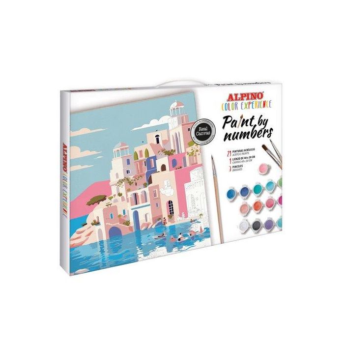 Set Paint By Numbers Color Experience Grecia 1 Lienzo De 40X 30 Numerado 21 Pinturas Acrílicas De 3Ml 3 Pinceles 1 Patrón Numérico Para Pintar El Lienzo