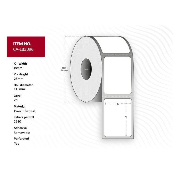Capture Label 38 x 25 Core 25 Ø 115 mm. White. DT. Removable. 2580 labels per roll. 12 rolls per box.