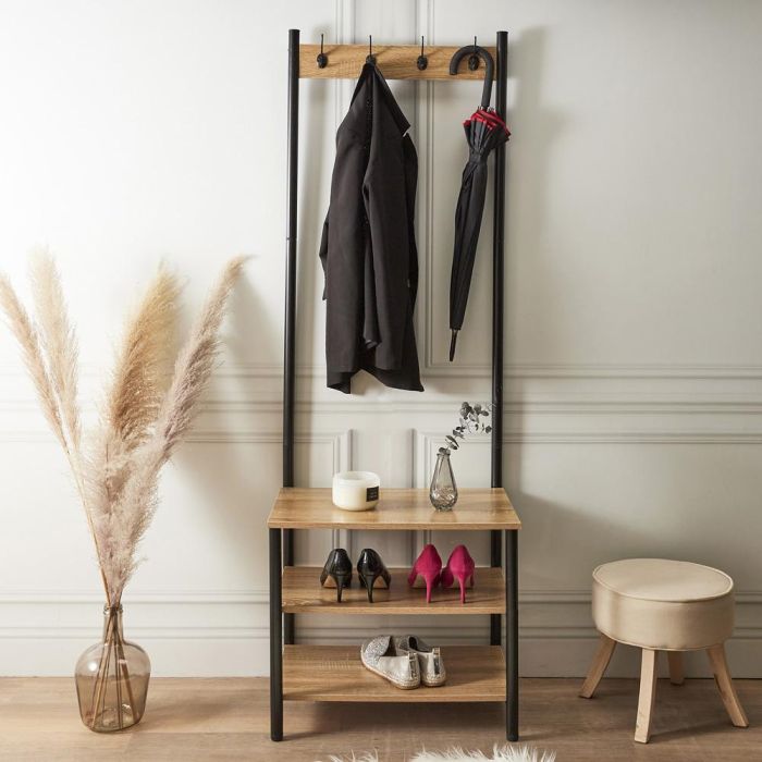 Home Deco Factory Perchero Essentiel con Estanterías, 4 Ganchos Dobles y 3 Baldas, Madera y Metal, 60x40 cm, Altura 175 cm 1