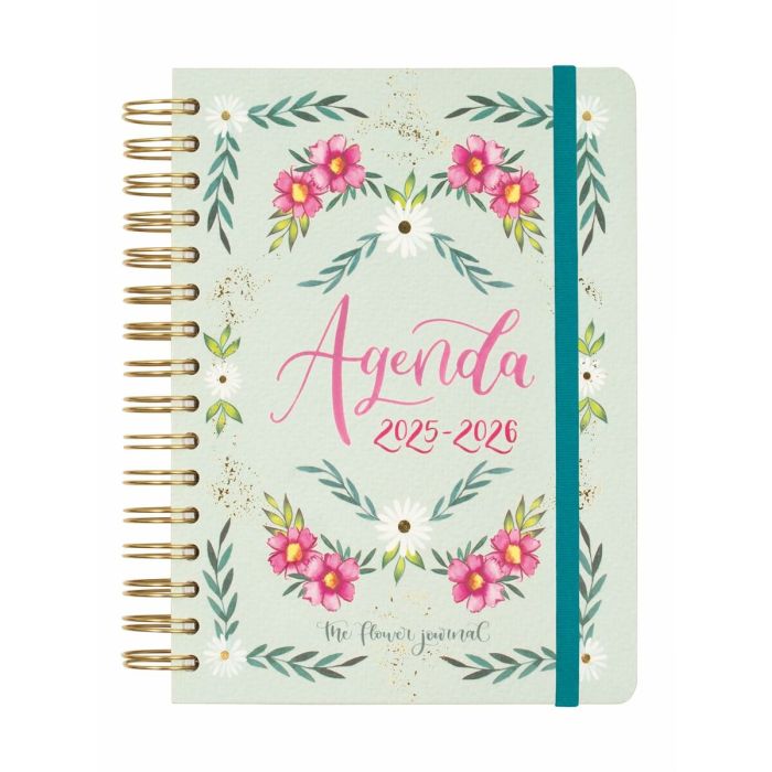 Finocam E10 Agenda The Flower Journal Espiral Doble 155x212 mm Tapa Dura Verde 2025-2026 - Diseño colaborativo, minimalista, para estudiantes y adultos
