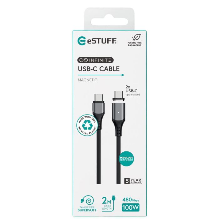 eSTUFF INFINITE Cable USB-C Magnético Súper Suave | USB 2.0 | 2m | PD100W | 480 Mbps | Plástico Reciclado 2 eSTUFF INFINITE Cable USB-C Magnético Súper Suave | USB 2.0 | 2m | PD100W | 480 Mbps | Plástico Reciclado 2