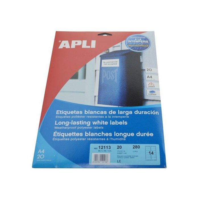Apli Etiquetas Adhesivas Poliéster Blanco 99,1x38,1 mm para Láser, Pack 20 Hojas (280 Etiquetas)