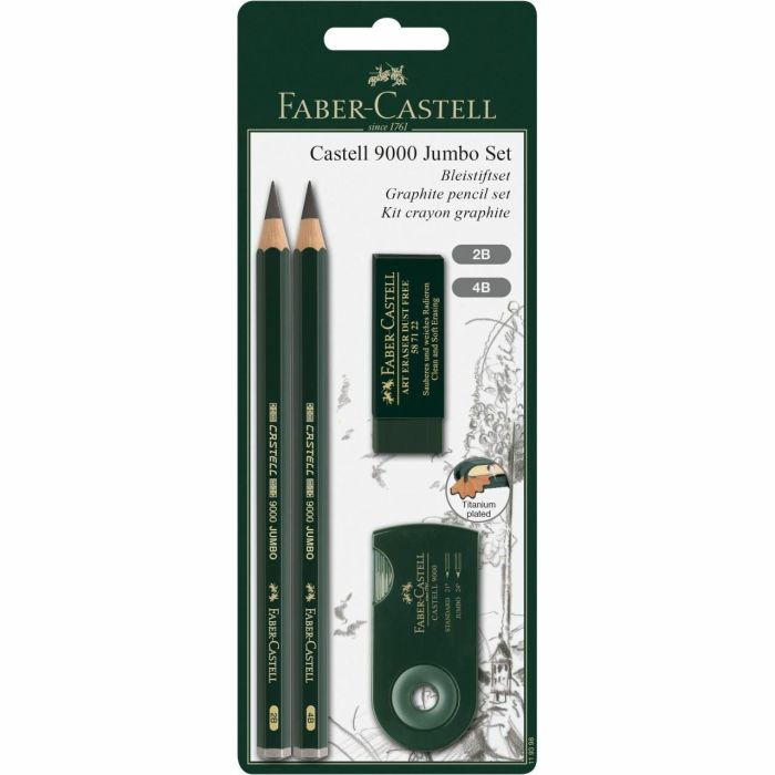 Faber Castell Set De Dibujo Jumbo 9000 Negro - Blister 4 Piezas con Lápices de Grafito Extra Voluminosos