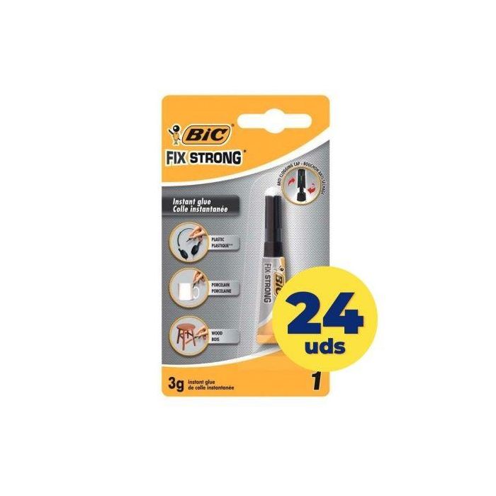 Bic 9017583 Pegamento en Tubo Fix Strong Instantáneo para Plástico, Porcelana y Madera, 3g, Pack 24 Unidades