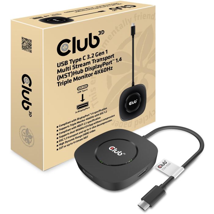 Club 3D MST-Hub USB 3.2 Tipo C a 3x DisplayPort 1.4 Triple Monitor Negro - Hub DisplayPort 1.4 para 3 Monitores 4K 1