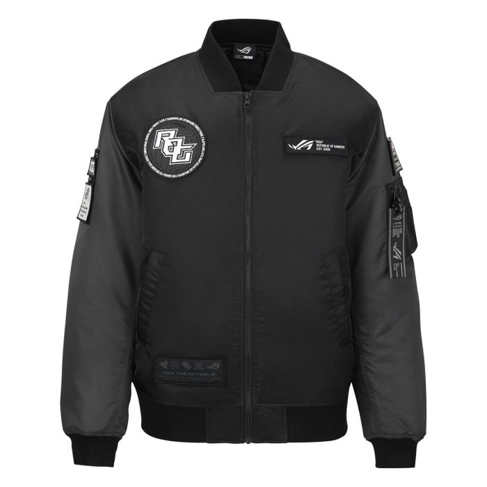 ASUS ROG Cosmic Bomber, Chaqueta Bomber para Hombre Adulto, Color Negro Gris, Tallas L, Material Nylon, Cierre de Cremallera ASUS ROG Cosmic Bomber, Chaqueta Bomber para Hombre Adulto, Color Negro Gris, Tallas L, Material Nylon, Cierre de Cremallera