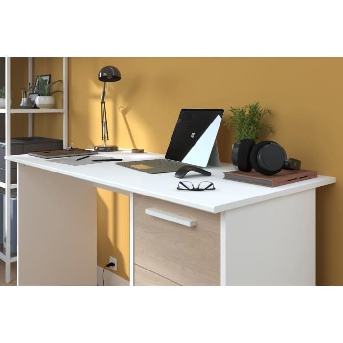 Office Essential Parisot 3 Cajones - Decoración Chene y Blanca - L 121.2 x D 55 x H 74.5 cm - Hecho en Francia 5