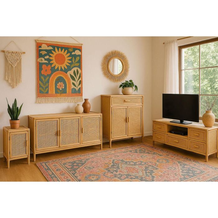 DKD Home Decor Aparador Tropical de Abeto y Ratán Marrón Claro, Acabado Natural, 120x40x65cm con 3 Puertas y 3 Estantes 7 DKD Home Decor Aparador Tropical de Abeto y Ratán Marrón Claro, Acabado Natural, 120x40x65cm con 3 Puertas y 3 Estantes 7