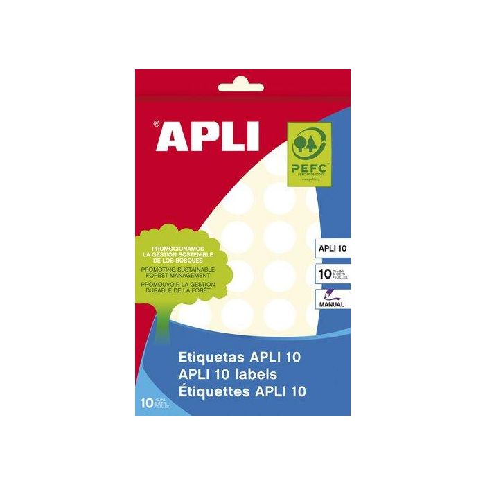 Apli Etiquetas Adhesivas Circulares Ø19 mm, 400 unidades, Blanco, para Escritura Manual