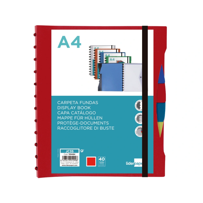 Carpeta Liderpapel A4 con 40 Fundas Intercambiables, 5 Separadores, Sobre, Portada Personalizable y Gomilla, Rojo 1