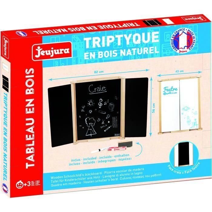 Jeujura JEU3225280879109 Tríptico Cuadro Mural en Madera Natural con Persianas Centrales de Pizarra y Tiza/Fieltro, Accesorios Incluidos, 82x56 cm