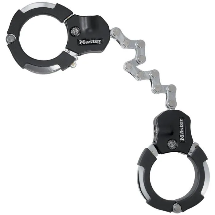 Masterlock Street Cuff Esposas con Cuerpo de Acero Endurecido y Cubierta ABS, Color Negro, 74mm Diámetro Interior, 55cm Longitud, 9 Eslabones, 4 Llaves 0 Masterlock Street Cuff Esposas con Cuerpo de Acero Endurecido y Cubierta ABS, Color Negro, 74mm Diámetro Interior, 55cm Longitud, 9 Eslabones, 4 Llaves 0