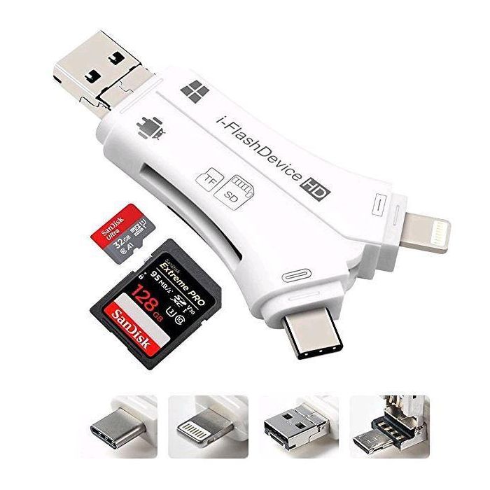 CoreParts Adaptador USB Universal compatible con Lightning, Micro USB y Tipo-C con Lector de Tarjetas SD de hasta 128 GB